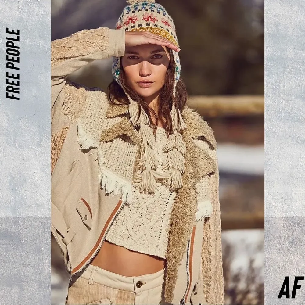 FREE PEOPLE COZY KNIT MIX MOTO JACKET NWT SIZE LARGE CREAM TAN